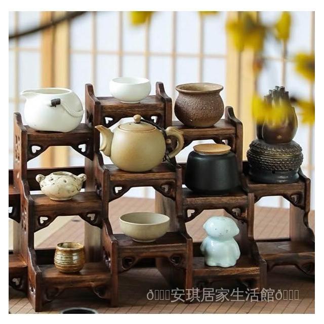 免運【可開發票】 置物櫃展示架收納架中式桌麵小型博古架實木茶壺展示