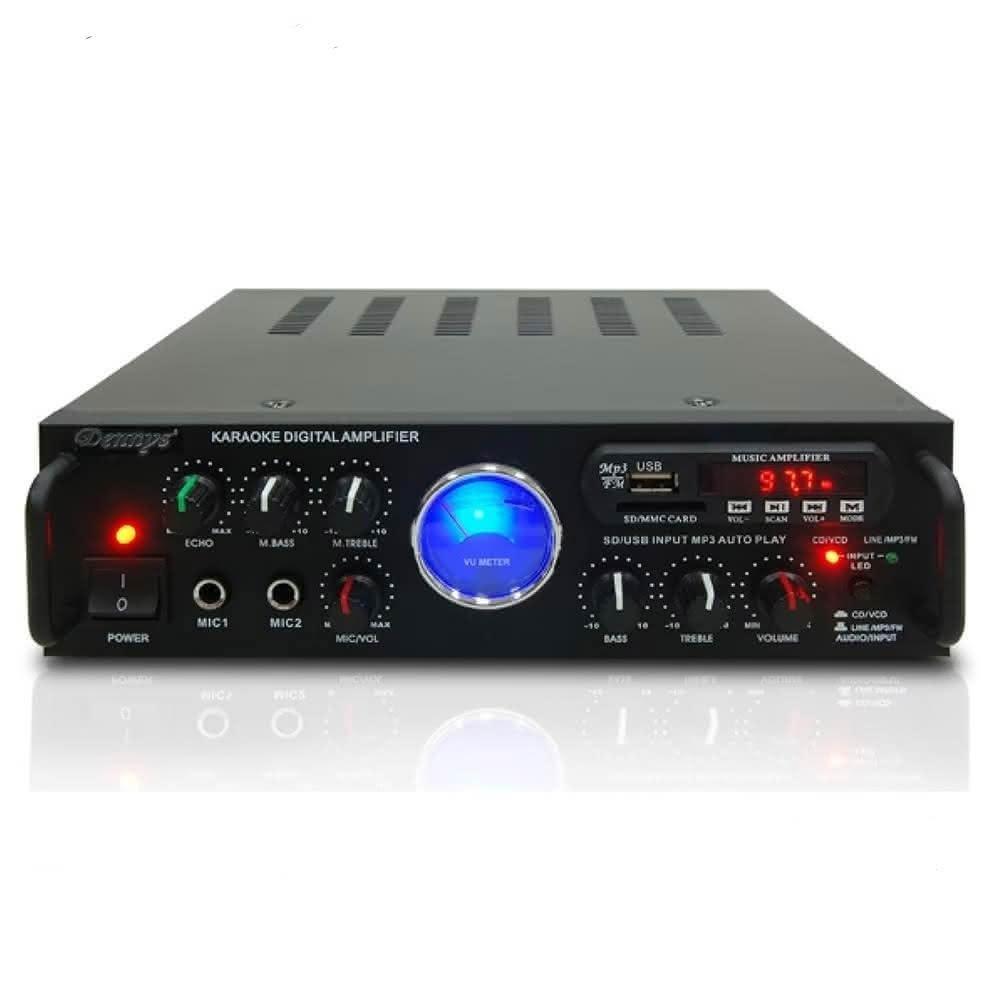 Dennys AV-275BT 是一款高價效比的黑色立體聲擴音器，支援藍芽、USB、SD卡輸入，並具備麥克風輸入功能。內建FM收音機，可收聽廣播，搭配遙控器操作，電源為110V，提供1年保固，符合NCC與BSMI認證，適閤家庭與辦公室使用。