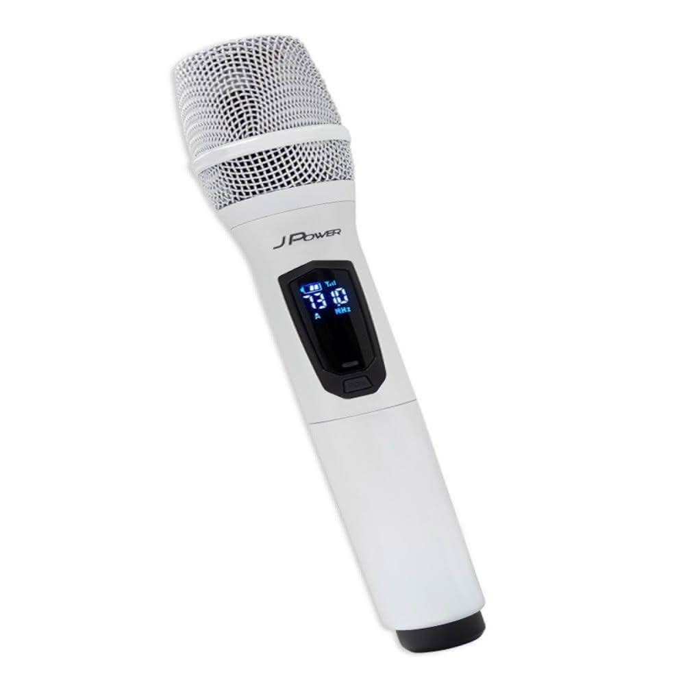 JPOWER 震天雷 UHF-888W 雙機型無線麥克風，採用UHF超高頻技術，適合行動KTV、會議及戶外活動。全向式動圈麥克風，提供清晰音質與穩定傳輸。珍珠白色設計，輕巧便攜（麥克風尺寸60*250mm，重量0.3Kg），鋰離子電池供電，續航力強。配件齊全：2支無線麥克風、2個防滾圈、2個海棉套、3顆鋰電池、接收器、充電線及收納盒。BSMI認證R31950，1年保固，中國製造。