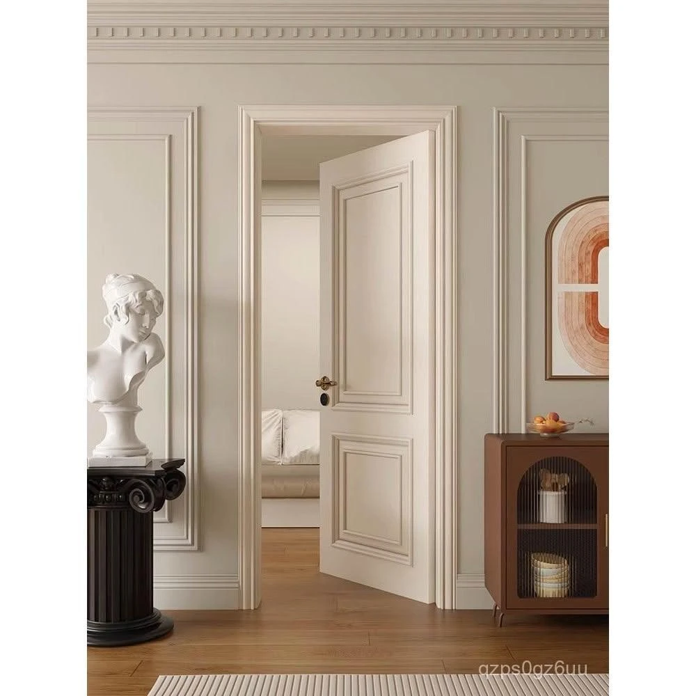 定製輕法式實木門烤漆臥室門房間平開門白色複古風隔音套裝門
