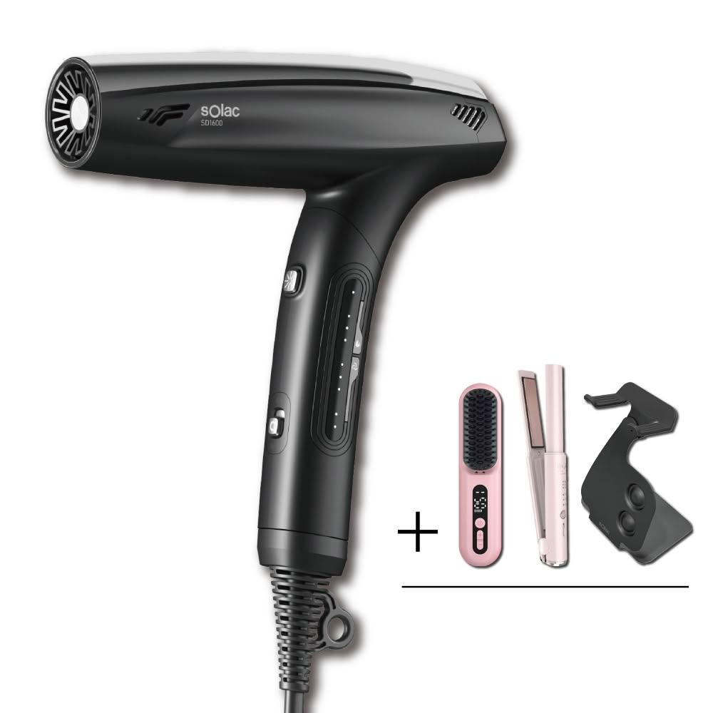  SOLAC SD-1100 專業負離子吹風機，1401W~1500W 高功率快速乾髮，多段溫控精準調節，負離子護髮科技減少毛躁，適用所有髮質。有線設計穩定使用，110V 臺灣電壓相容。保固1年，7天內問題請洽客服。 