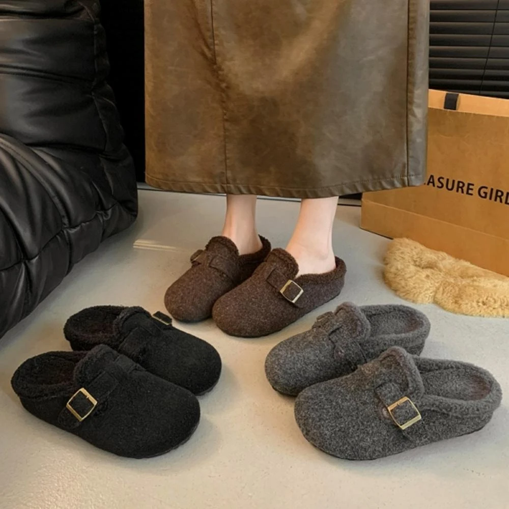 【baibeauty 白鳥麗子】毛毛拖鞋．保暖一字釦樂福平底圓頭穆勒鞋