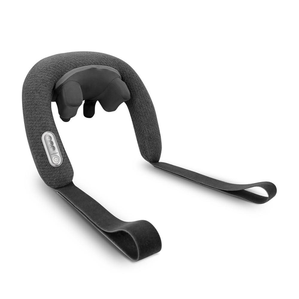  Medisana NM 900 肩頸按摩機採用指壓式按摩方式，專為肩部、大腿、小腿、腰部、手臂及背部設計，提供深度舒緩按摩體驗。內建溫熱功能，促進血液迴圈，緩解肌肉疲勞。支援充電式及插電式兩用電源，尺寸39.8x34x17 cm，重量僅2.43 kg，便於攜帶。適用100-240V電壓，最大功率11.1V 2200mAh，保固1年。中國製造，灰色系設計，適合日常居家或辦公使用，提升生活舒適度。 