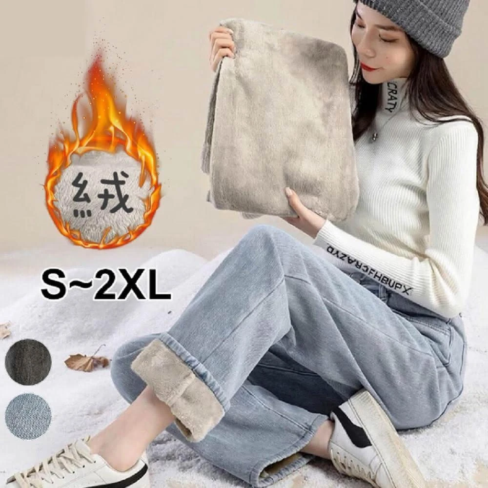 【Shiny 藍格子】高腰垂墜加絨保暖寬鬆直筒牛仔長褲 V5003(女褲 丹寧)