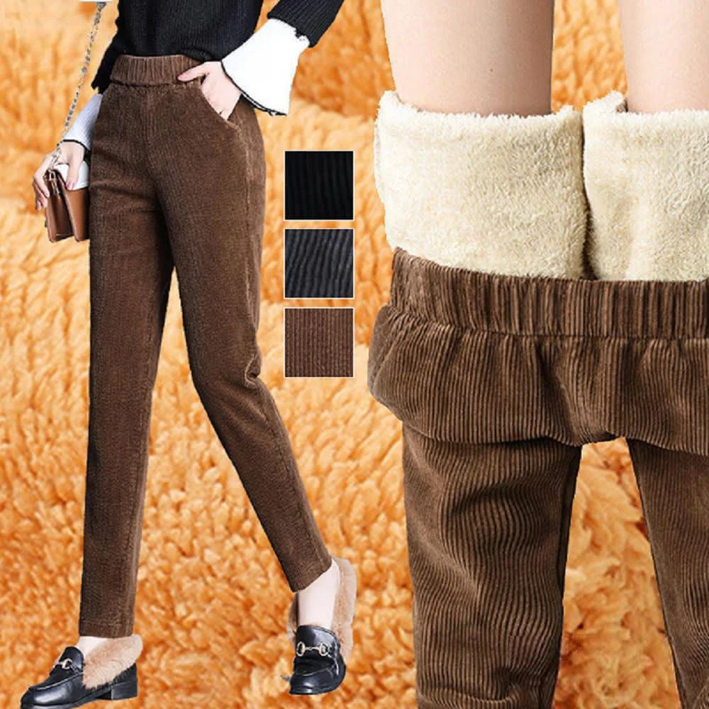 【Shiny 藍格子】冬季高腰加厚羊羔燈芯絨長褲  V9391(女裝 保暖)