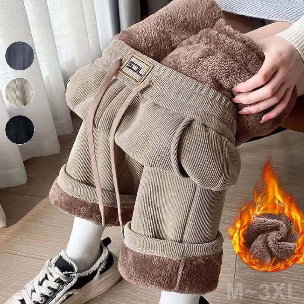 【Shiny 藍格子】加絨加厚貼標抽繩鬆緊腰直筒褲 V5032(女褲 羊羔毛 刷毛)