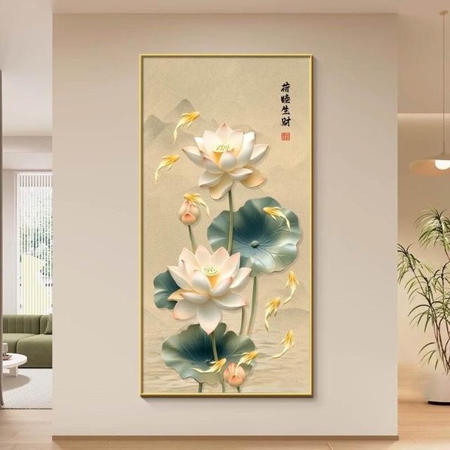 荷花九魚圖玄關裝飾畫新中式鯉魚招財聚財掛畫入戶正對門牆畫豎版
