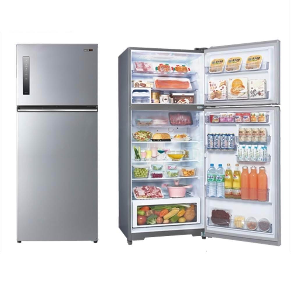 SAMPO 聲寶 580公升一級能效極光鈦變頻雙門冰箱 SR-C58D S9,採用 Nano-Ti 極光鈦脫臭技術,同級脫臭效果,鏡面面板設計,右開雙門款式,寬度66公分,無霜冷凍,容積501L-600L,銀色外觀,提供保固服務。 SAMPO聲寶 SR-C58D-S9