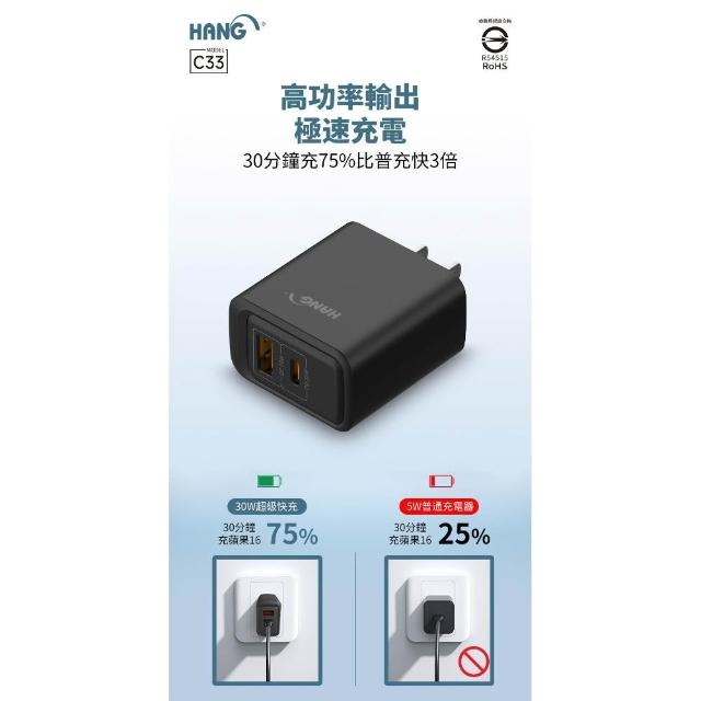 Tp C33 【HANG】台灣現貨 BSMI認證 HANG C33 充電頭 雙孔充電器 PD 快充 氮化鎵 PD+QC 30W