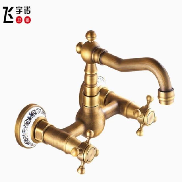 清倉）【THL小山】仿古全銅陶瓷入牆冷熱水龍頭衛生間台盆旋轉牆出式防