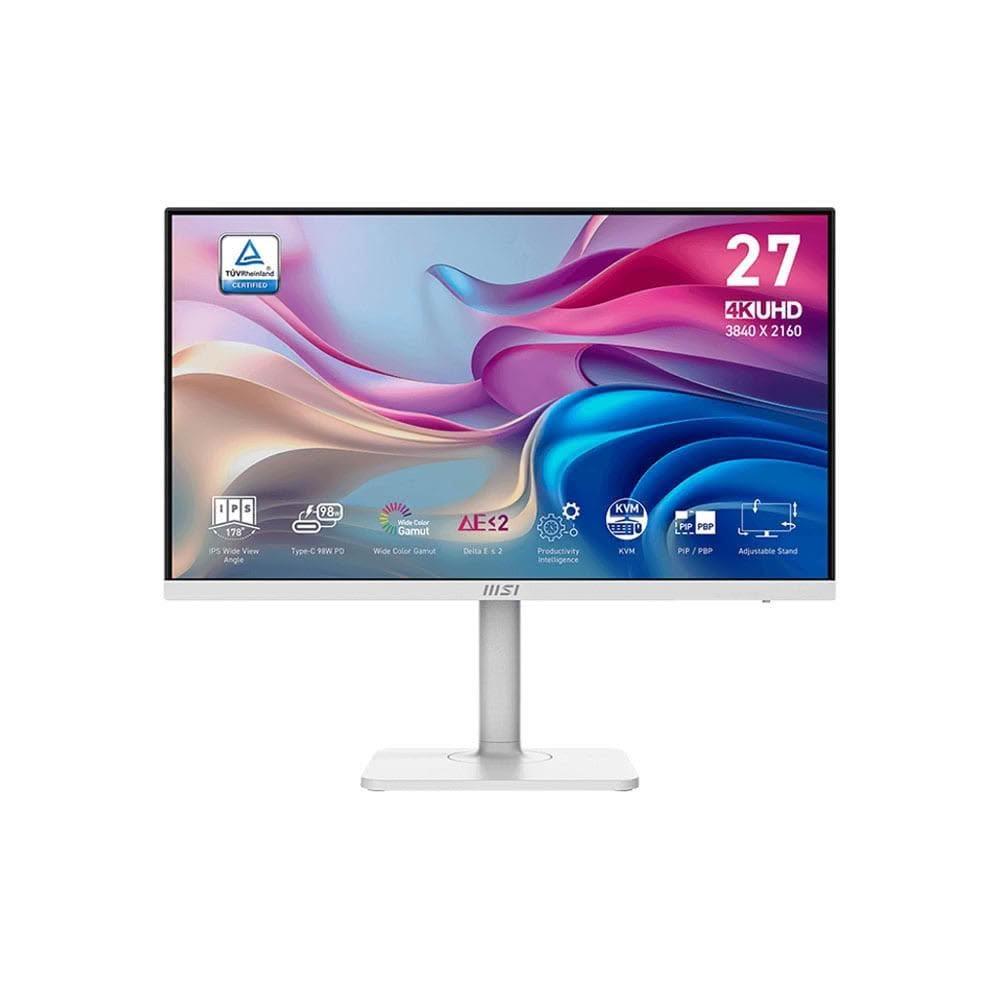  MSI微星 Modern MD272UPHW 27吋IPS面板顯示器，解析度達3840x2160 UHD 4K，亮度400 cd/m²，對比1000:1，支援178°廣視角與1.07B色彩。4ms反應時間、60Hz更新率，內建喇叭與Adaptive-Sync，抗藍光護眼零閃屏，窄邊框設計可左右旋轉90度樞軸。訊號輸入HDMI、Type-C(USB3.1)、DP，VESA壁掛，9.75kg輕薄外型，三年保固，適合OA辦公、追劇看片、健康護眼與學生入門使用。 