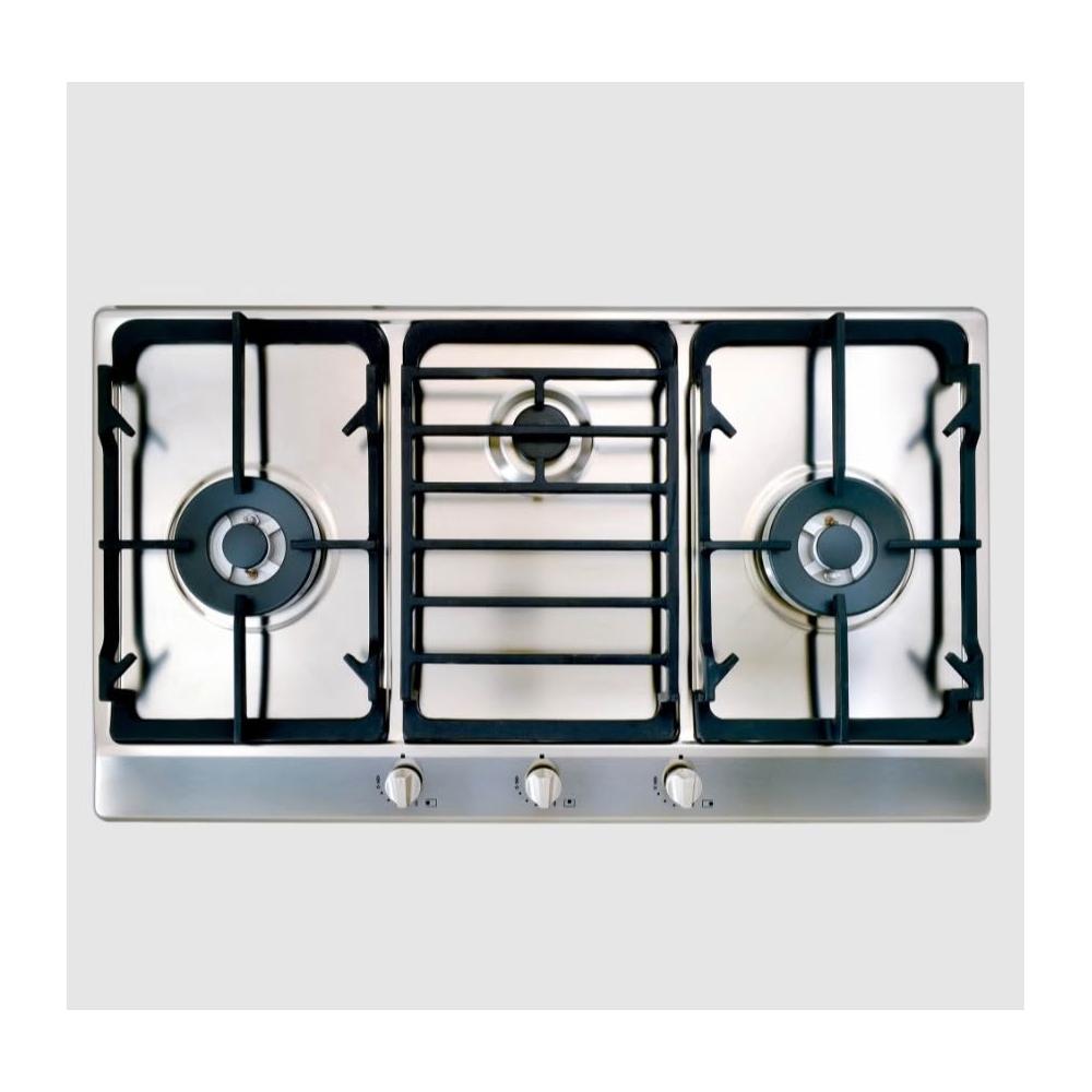 Best貝斯特 GH9050 三口不鏽鋼瓦斯爐，採用優質不鏽鋼爐臺與傳統外擴火焰爐頭，提供穩定高效燃燒，瓦斯消耗量10~11kW，適合天然瓦斯或液化瓦斯使用。電子連續點火系統，操作簡單安全，機體尺寸860×500×35mm，挖孔尺寸833×475mm，能源效率第四級，BSMI認證T31228，保固1年（不含安裝）。完美家用廚房升級選擇，提升烹飪效率與耐用性。