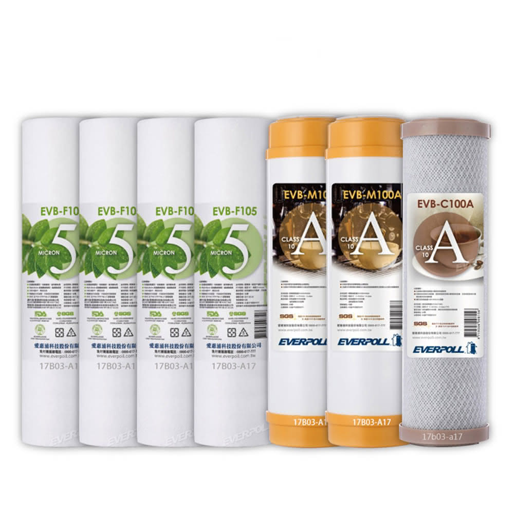 EVERPOLL EVB-F105 5微米PP濾心4支 EVB-M100A道爾樹脂濾心2支 EVB-C100A壓縮活性碳濾心(前置濾心組合共7支)