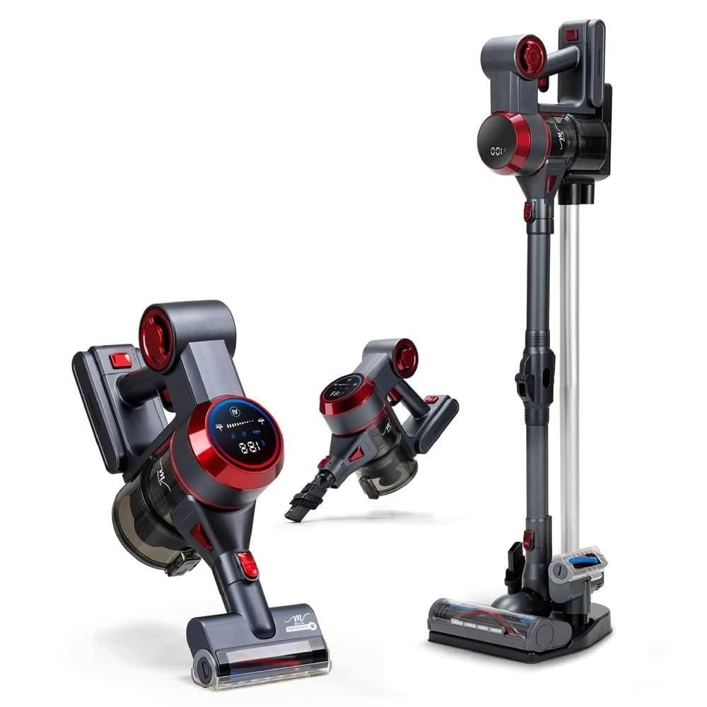  MOLIJIA 魔力家 M181 無線手持式除蟎吸塵器，採用灰耀紅設計，輕巧1.7kg，尺寸35x11.5x22cm，700ml集塵筒方便清空。除蟎專用二合一吸頭，壁掛架收納，電池充電5.5小時，五檔吸力模式最高達55分鐘續航。中國製造，1年保固，BSMI R53615認證，適合居家清潔與過敏防護。 