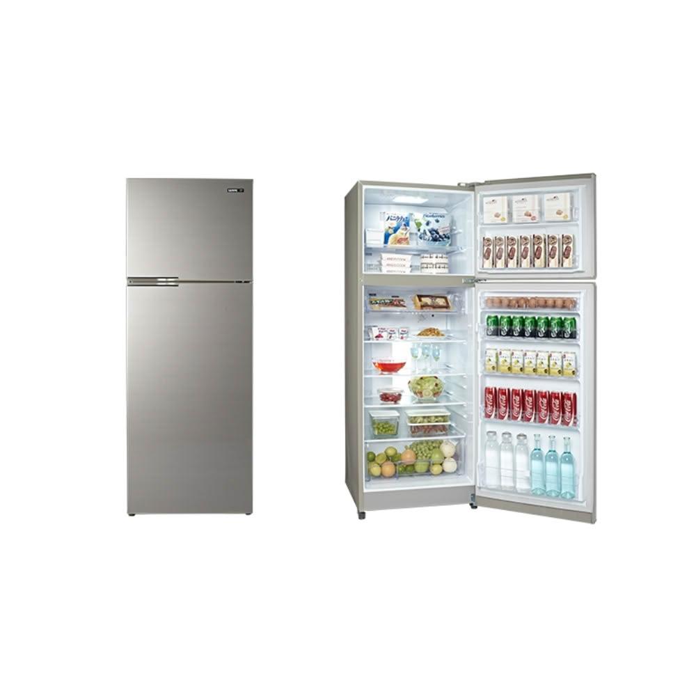 SAMPO聲寶 SR-C48G(Y9) 雙門冰箱，提供480公升大容量儲物空間，適閤中大型家庭日常使用。採用定頻壓縮機與二級能源效率設計，每年耗電僅312度，節省電費同時環保。金色系外觀時尚，提升廚房美感；尺寸674x1796x752mm，重量85kg，右開門設計方便取用。使用R600A環保冷媒，臺灣原廠製造，全機1年保固、壓縮機3年保固，包含基本運送、拆箱及定位安裝服務。