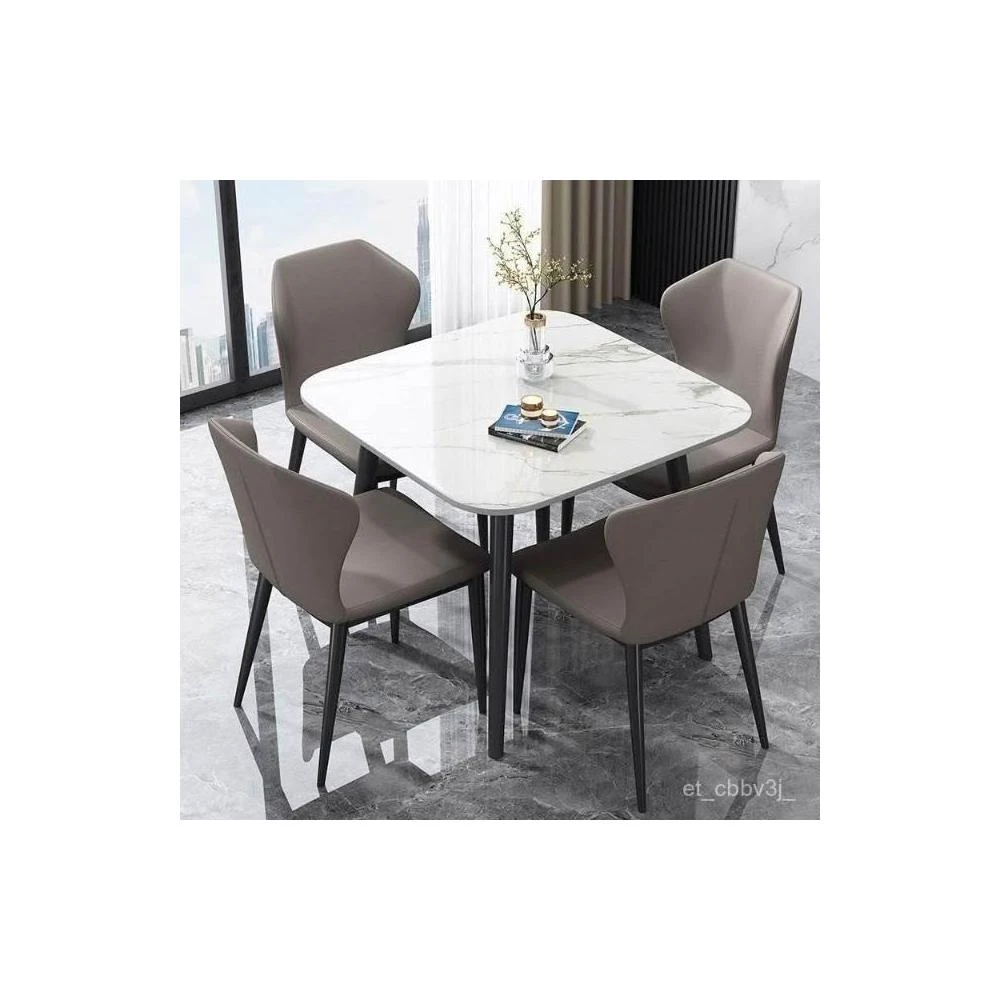 熱賣🔥北歐進口亮麵巖闆餐桌正方形小戶型休閒接待洽談桌網紅家用喫飯桌 餐桌椅組閤 小戶型餐桌