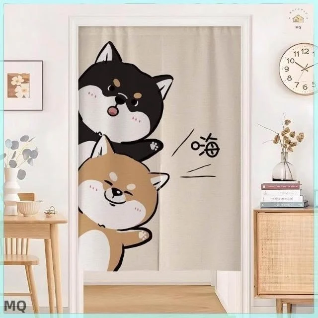 附發票客製化門簾 門簾 門簾一片式 棉麻門簾 長門簾 可愛柴犬卡通門簾隔斷簾臥室裝飾半簾廚房隔間短簾遮擋布簾廁所掛簾免打