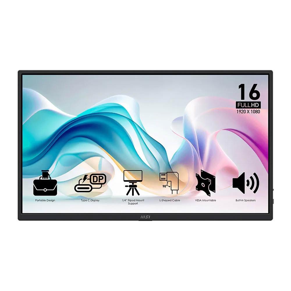 MSI微星 PRO MP165 E6 是一款15.6吋IPS面板螢幕，支援FHD解析度1920x1080，具備廣視角178°x178°，反應時間4ms，60Hz更新頻率，輕薄設計僅0.78kg，支援HDR與Type-C介面，適合辦公、學生及追劇使用。