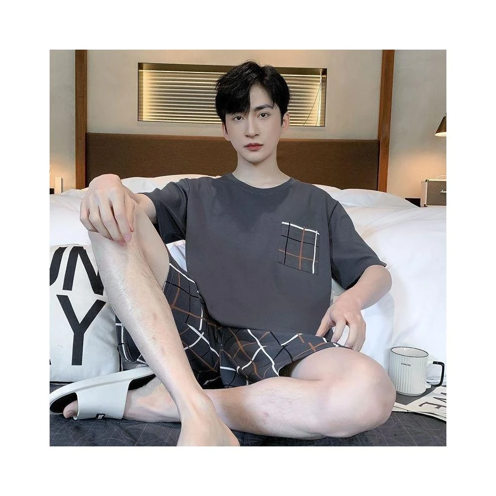 【佳佳優選】夏季新款睡衣圓領短袖短褲薄款男士圓領夏天休閒家居服套裝可外穿