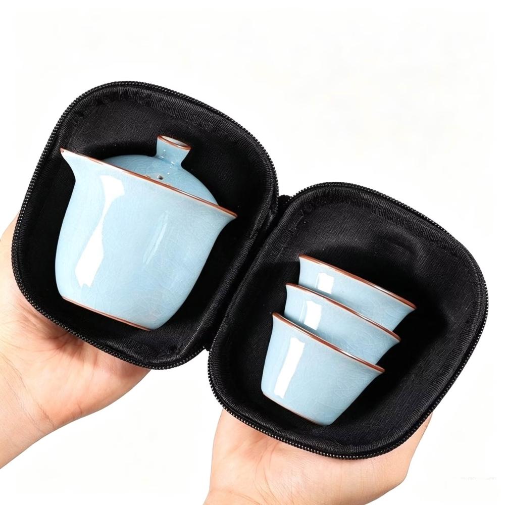 天青 汝窯 旅行 茶具 便攜式 一壺三杯 套裝 戶外 陶瓷 功夫 茶具 伴手送 禮品 茶葉