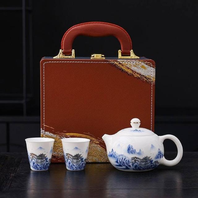 優先購】水墨山水西施壺一壺二杯白瓷功夫茶具便攜旅行泡茶壺禮盒裝禮品