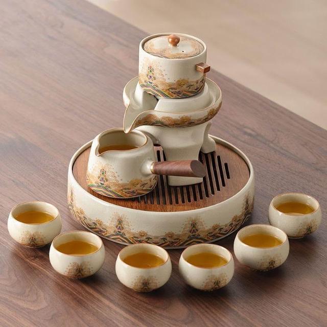 熱銷推薦💥汝窯自動茶具家用懶人泡茶神器石磨旋轉泡茶壺茶杯高檔茶具一整套
